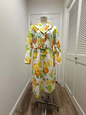 Vintage Citrus Fruit Print Belted Trench Coat